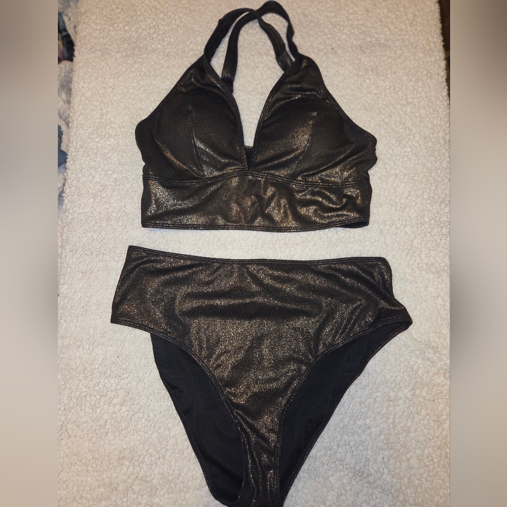 Women's Bronze/Black Metallic Shimmer Sparkle Bikini Set.  Size 1XL.